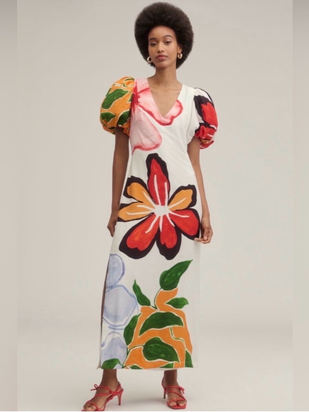 Anthropologie White Maxi Dress with Bold Floral Print and Puff Sleeves